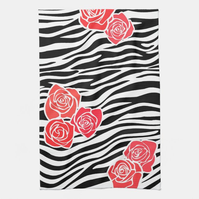 Black and white Zebra pattern + red roses Tea Towel (Vertical)