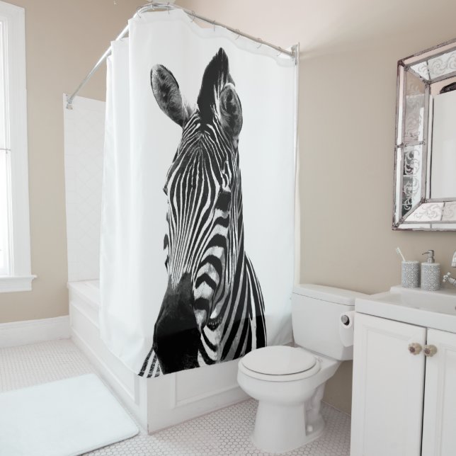 Black and White Zebra Portrait Shower Curtain (In Situ)