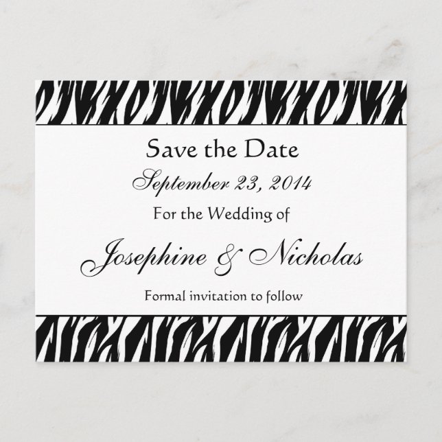 Black and White Zebra Print Save The Date Postcard (Front)