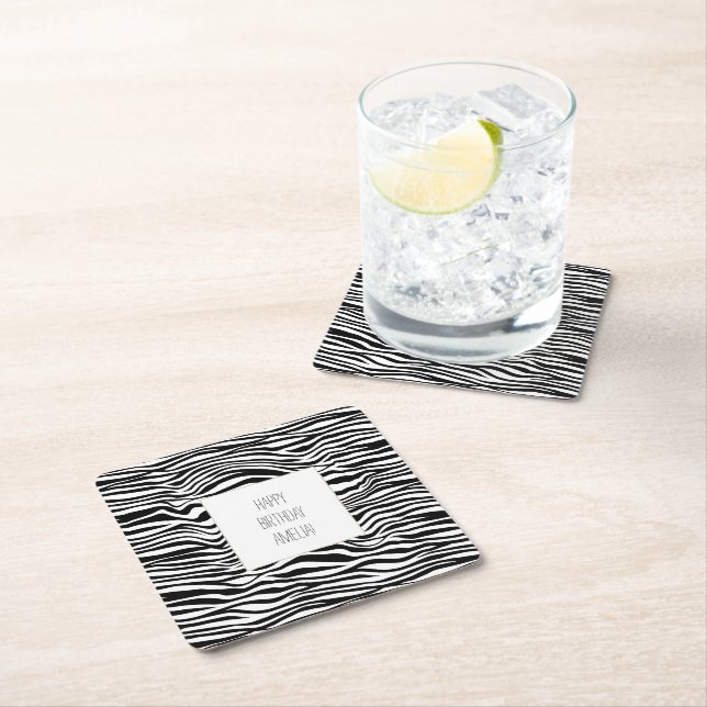 Black and White Zebra Print Square Paper Coaster (Insitu)