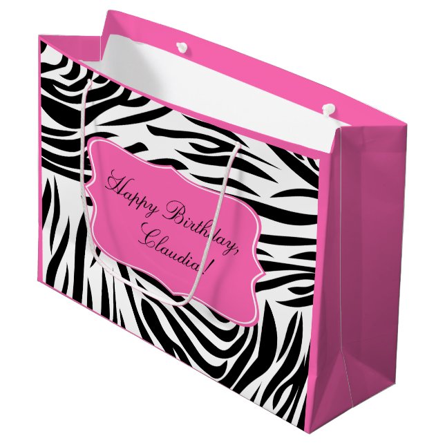 Black and White Zebra Print with Hot Pink Birthday Large Gift Bag (Front Angled)