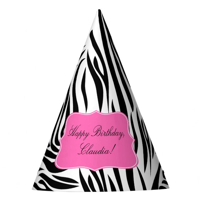 Black and White Zebra Print with Hot Pink Birthday Party Hat (Front)