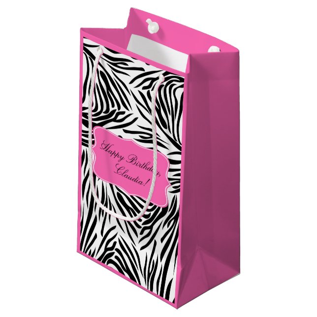 Black and White Zebra Print with Hot Pink Birthday Small Gift Bag (Front Angled)