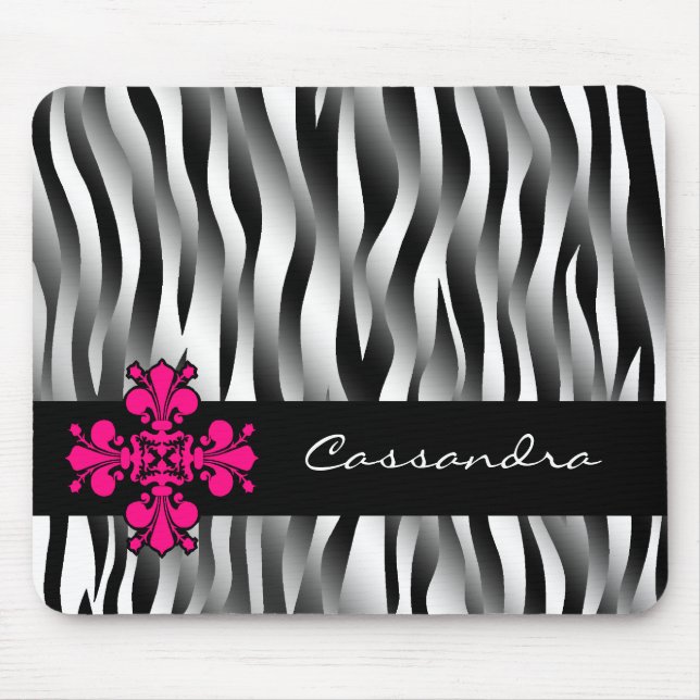Black and white zebra stripes with hot pink decor mouse pad (Front)