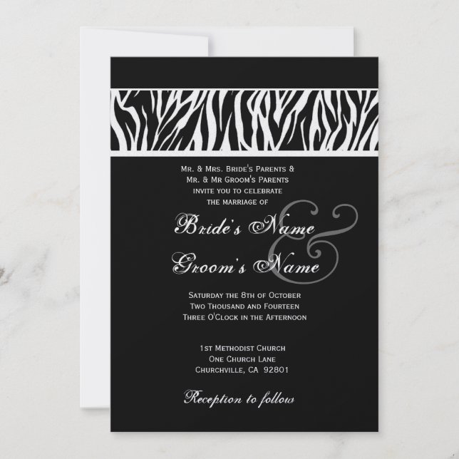 Black and White Zebra Wedding Metallic Paper Invitation (Front)