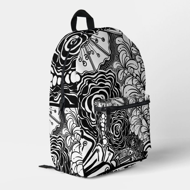 Black And White Zen Floral Patterned Drawing Printed Backpack (Back Corner Left)