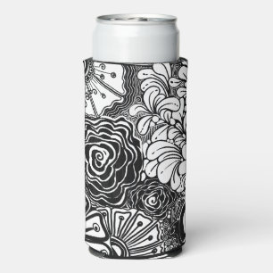 Black And White Zen Floral Patterned Drawing Seltzer Can Cooler
