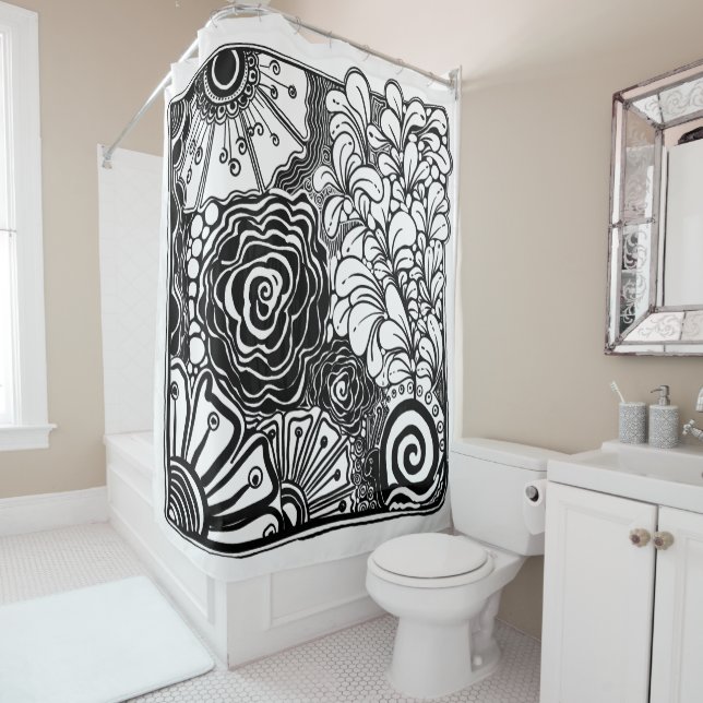 Black And White Zen Floral Patterned Drawing Shower Curtain (In Situ)
