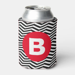 Black and White Zig Zag Pattern Red Monogram Can Cooler
