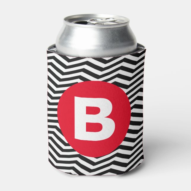 Black and White Zig Zag Pattern Red Monogram Can Cooler (Can Front)