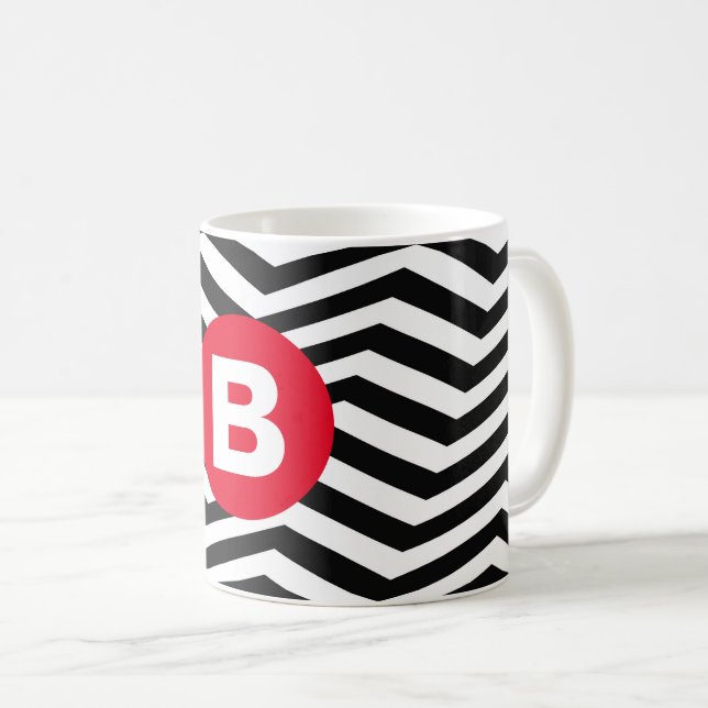 Black and White Zig Zag Pattern Red Monogram Coffee Mug (Front Right)
