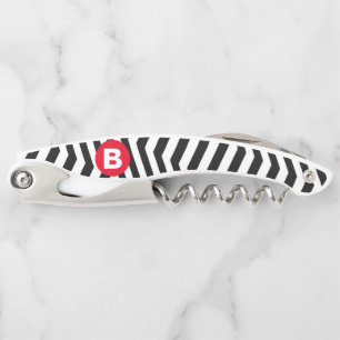 Black and White Zig Zag Pattern Red Monogram Corkscrew