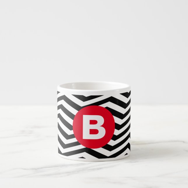 Black and White Zig Zag Pattern Red Monogram Espresso Cup (Front)