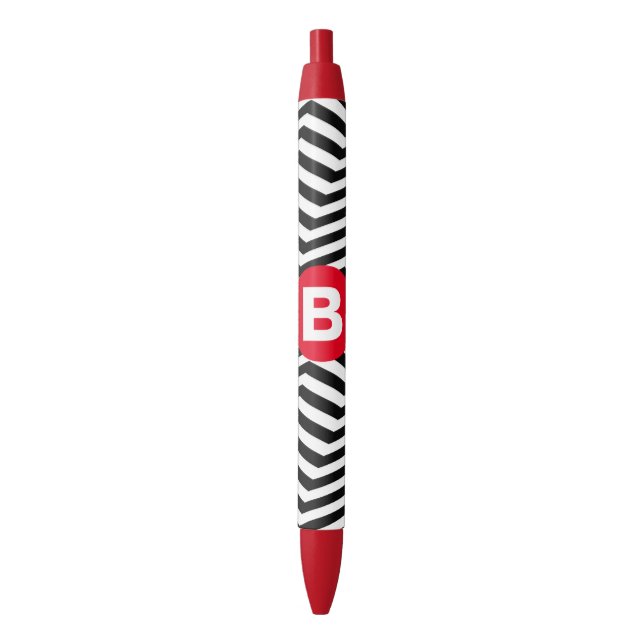 Black and White Zig Zag Pattern Red Monogram Ink Pen (Front Vertical)