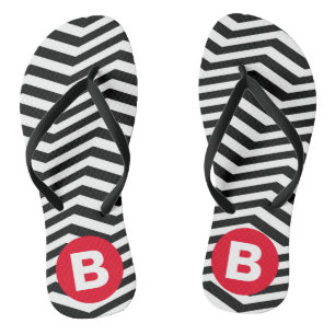 Black and White Zig Zag Pattern Red Monogram Jandals