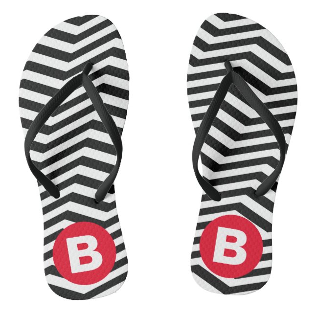 Black and White Zig Zag Pattern Red Monogram Jandals (Footbed)