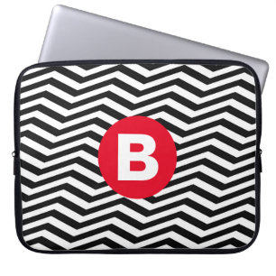 Black and White Zig Zag Pattern Red Monogram Laptop Sleeve