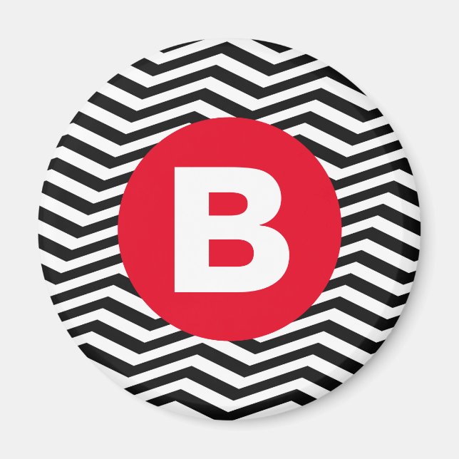 Black and White Zig Zag Pattern Red Monogram Magnet (Front)
