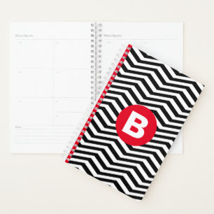 Black and White Zig Zag Pattern Red Monogram Planner