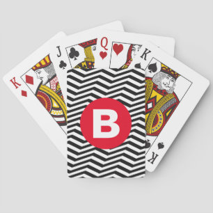 Black and White Zig Zag Pattern Red Monogram Playing Cards