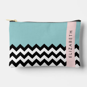 Black and White Zigzag, Chevron, Blue, Your Name Accessory Pouch