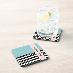 Black and White Zigzag, Chevron, Blue, Your Name Coaster