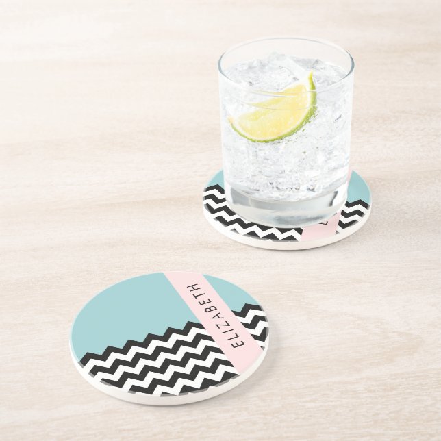 Black and White Zigzag, Chevron, Blue, Your Name Coaster (Side)