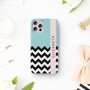 Black and White Zigzag, Chevron, Blue, Your Name iPhone 16 Case