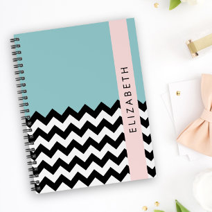 Black and White Zigzag, Chevron, Blue, Your Name Notebook