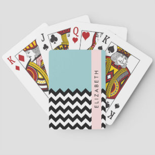 Black and White Zigzag, Chevron, Blue, Your Name Playing Cards