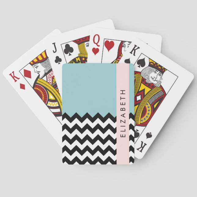 Black and White Zigzag, Chevron, Blue, Your Name Playing Cards (Back)