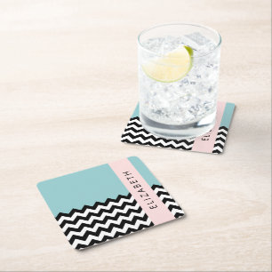 Black and White Zigzag, Chevron, Blue, Your Name Square Paper Coaster