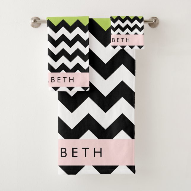 Black and White Zigzag, Chevron, Green, Your Name Bath Towel Set (Insitu)