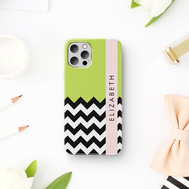 Black and White Zigzag, Chevron, Green, Your Name Case-Mate iPhone Case (Creator Uploaded)