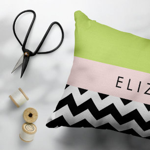 Black and White Zigzag, Chevron, Green, Your Name Decorative Cushion