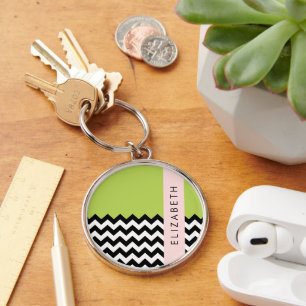 Black and White Zigzag, Chevron, Green, Your Name Key Ring