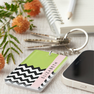 Black and White Zigzag, Chevron, Green, Your Name Key Ring