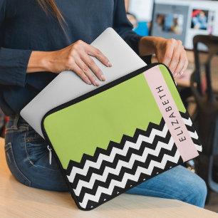 Black and White Zigzag, Chevron, Green, Your Name Laptop Sleeve