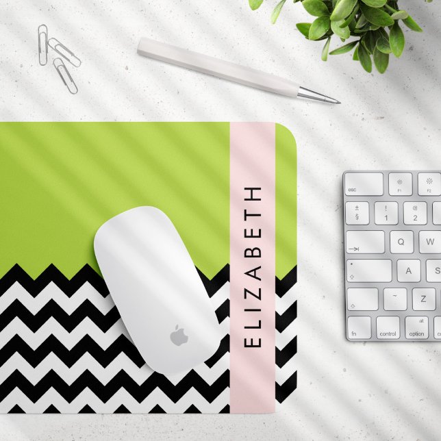 Black and White Zigzag, Chevron, Green, Your Name Mouse Pad (Creator Uploaded)
