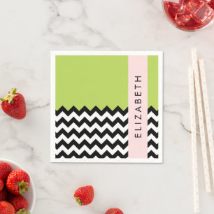 Black and White Zigzag, Chevron, Green, Your Name Napkin