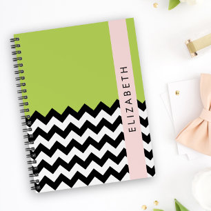 Black and White Zigzag, Chevron, Green, Your Name Planner