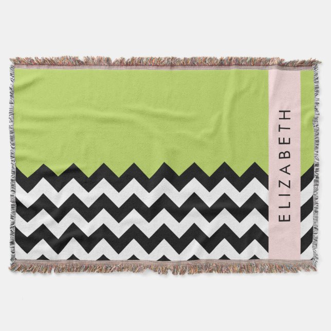 Black and White Zigzag, Chevron, Green, Your Name Throw Blanket (Front)