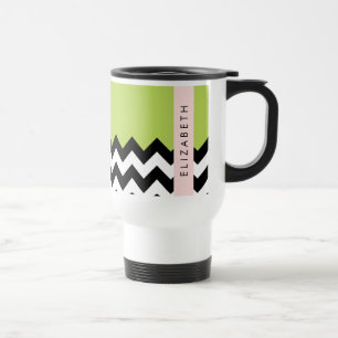Black and White Zigzag, Chevron, Green, Your Name Travel Mug