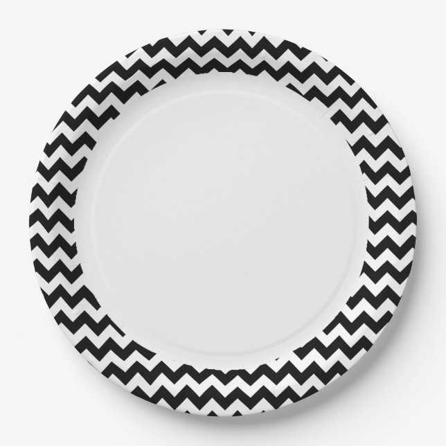 Black and White Zigzag Chevron Pattern Paper Plate (Front)