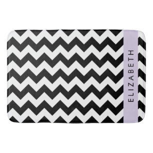 Black and White Zigzag, Chevron Pattern, Your Name Bath Mat
