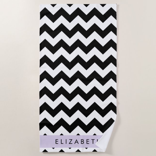Black and White Zigzag, Chevron Pattern, Your Name Beach Towel (Front)