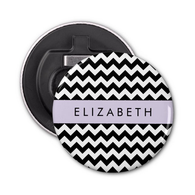 Black and White Zigzag, Chevron Pattern, Your Name Bottle Opener (Front)
