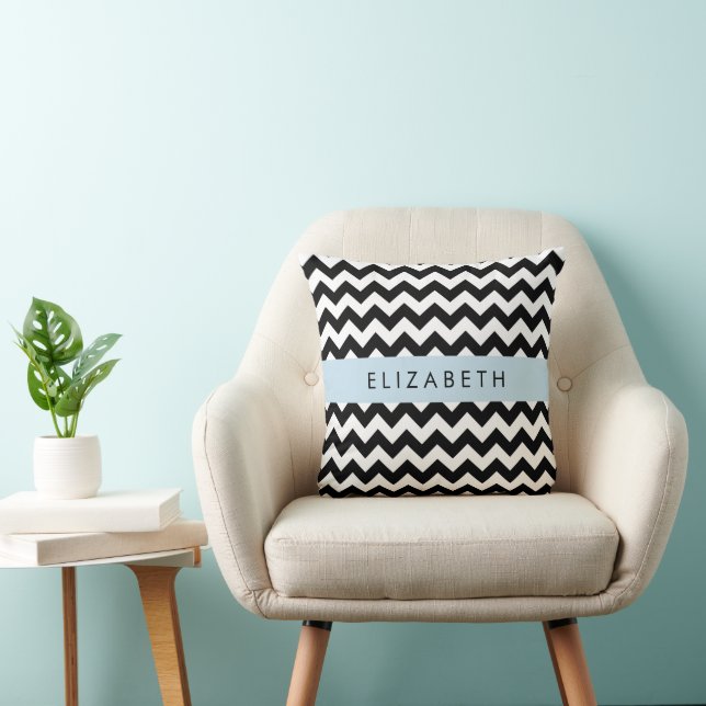 Black and White Zigzag, Chevron Pattern, Your Name Cushion (Chair)