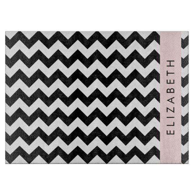 Black and White Zigzag, Chevron Pattern, Your Name Cutting Board (Front)
