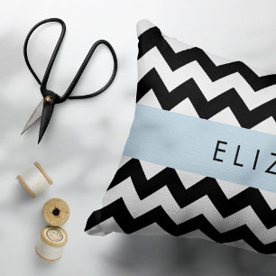 Black and White Zigzag, Chevron Pattern, Your Name Decorative Cushion
